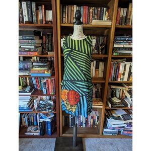 DESIGUAL Graphic Sheath Dress Lined Sleeveless Artsy Asian Appliqué Pocket SZ 38